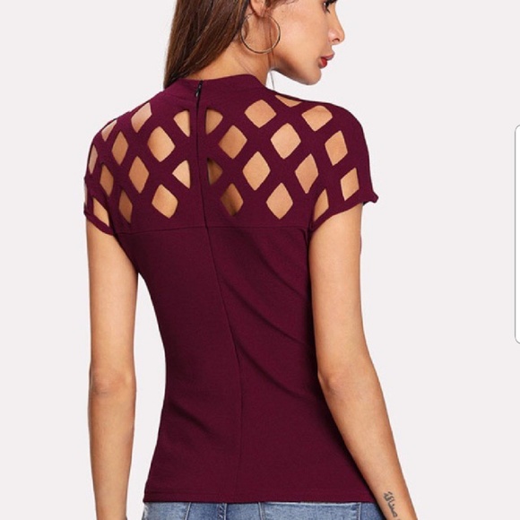 🍷Beautiful!, High Neck, Laser Cut Bodice Top - Picture 3 of 4